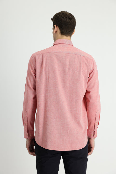 Coral Red Long Sleeve Regular Fit Cotton Linen Shirt