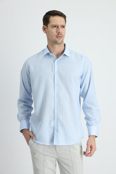 Light Blue Long Sleeve Regular Fit Linen Blend Shirt