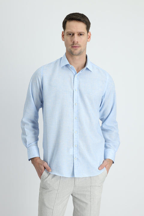 Light Blue Long Sleeve Regular Fit Linen Blend Shirt