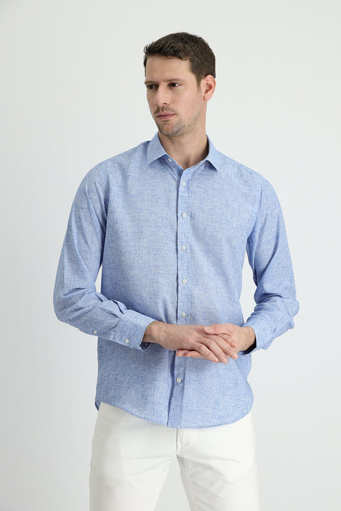 Dark Blue Long Sleeve Regular Fit Linen Blend Shirt