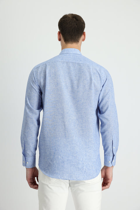 Dark Blue Long Sleeve Regular Fit Linen Blend Shirt