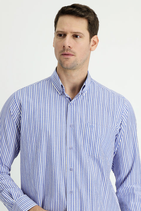 Sax Blue Long Sleeve Regular Fit Striped Sport Cotton Shirt