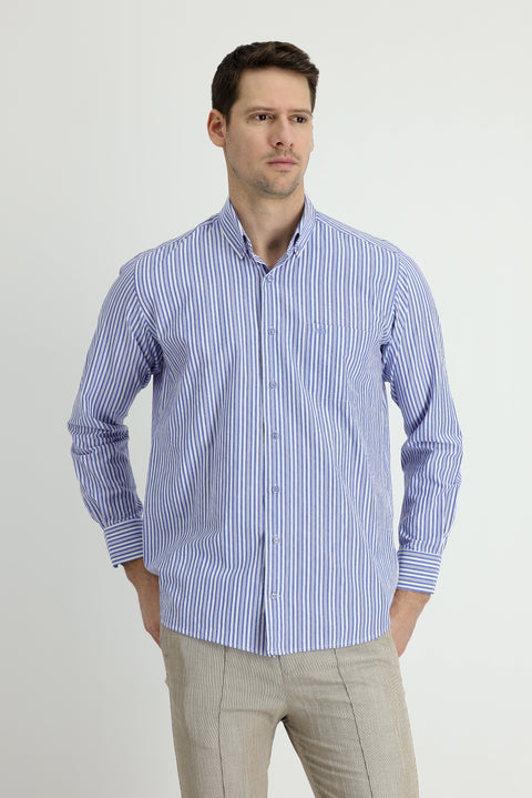 Sax Blue Long Sleeve Regular Fit Striped Sport Cotton Shirt