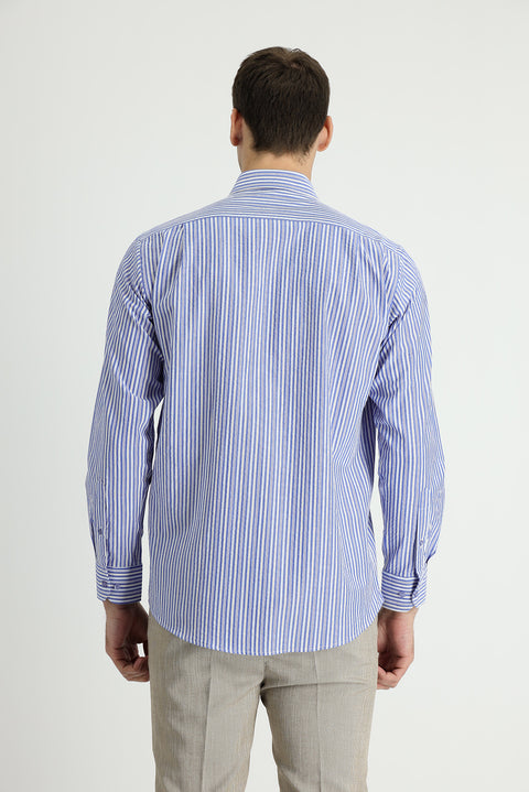 Sax Blue Long Sleeve Regular Fit Striped Sport Cotton Shirt