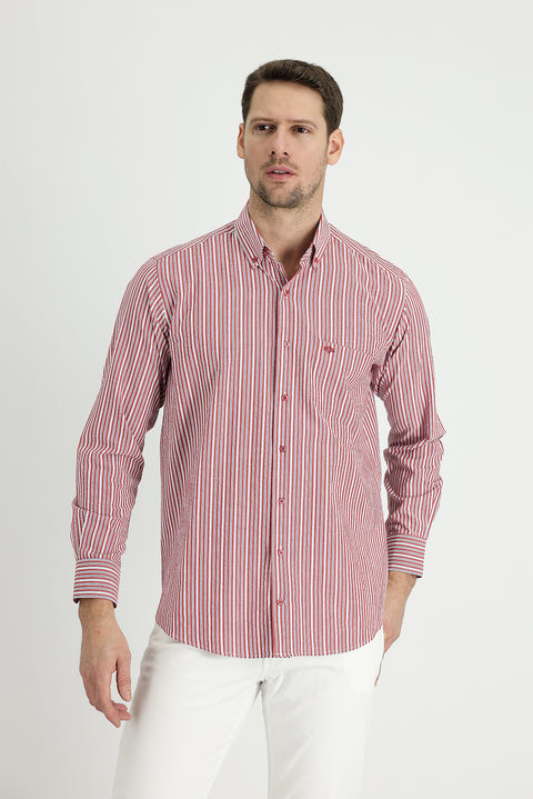 Flag Red Long Sleeve Regular Fit Striped Cotton Sport Shirt
