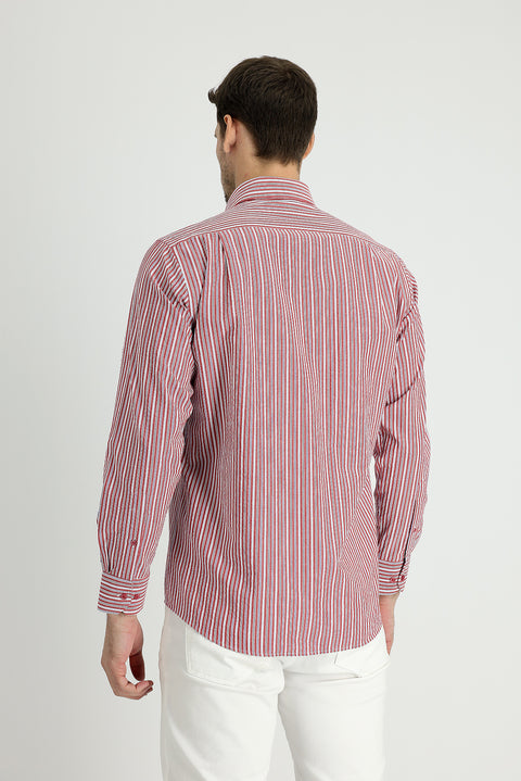 Flag Red Long Sleeve Regular Fit Striped Cotton Sport Shirt