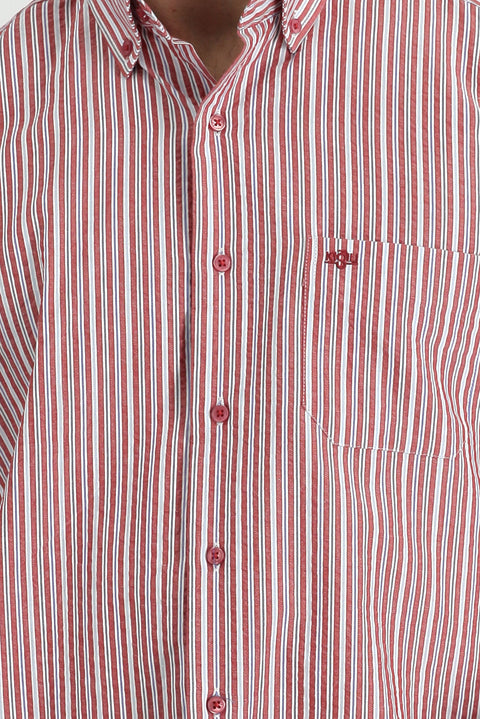 Flag Red Long Sleeve Regular Fit Striped Cotton Sport Shirt