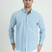 Light Turquoise Long Sleeve Regular Fit Striped Cotton Sport Shirt