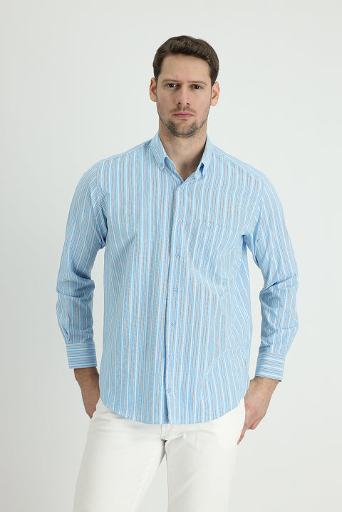Light Turquoise Long Sleeve Regular Fit Striped Cotton Sport Shirt