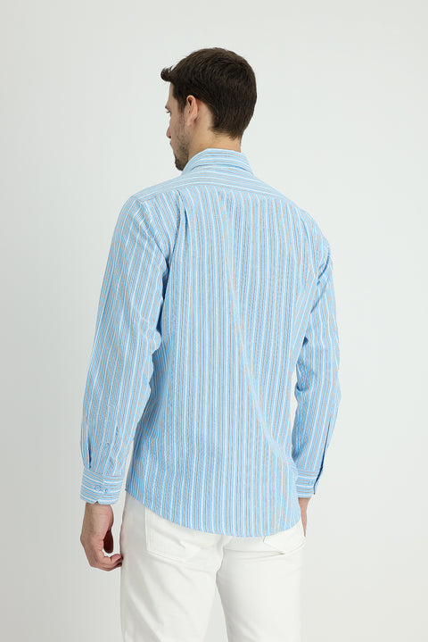 Light Turquoise Long Sleeve Regular Fit Striped Cotton Sport Shirt