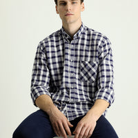 Medium Navy Long Sleeve Regular Fit Plaid Cotton Shirt