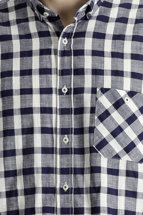 Medium Navy Long Sleeve Regular Fit Plaid Cotton Shirt