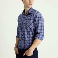 Dark Navy Long Sleeve Regular Fit Plaid Cotton Linen Shirt
