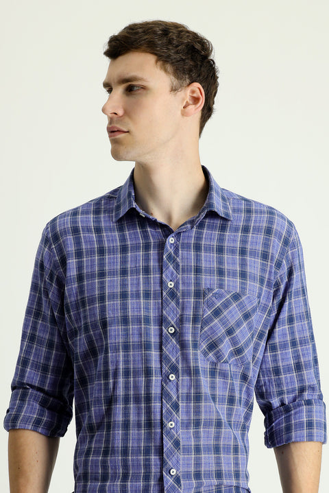 Dark Navy Long Sleeve Regular Fit Plaid Cotton Linen Shirt