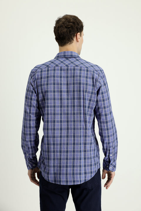 Dark Navy Long Sleeve Regular Fit Plaid Cotton Linen Shirt