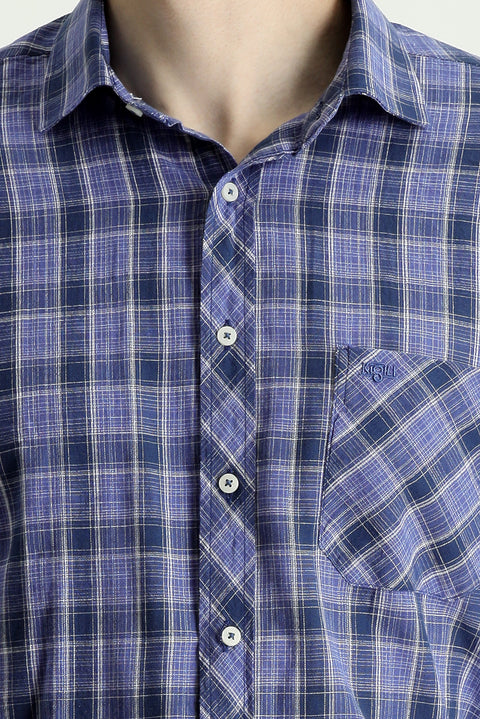 Dark Navy Long Sleeve Regular Fit Plaid Cotton Linen Shirt