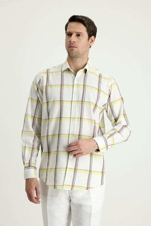Dark Green Long Sleeve Regular Fit Plaid Cotton Linen Blend Shirt