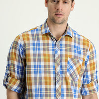 Medium Orange Long Sleeve Regular Fit Plaid Cotton Linen Shirt