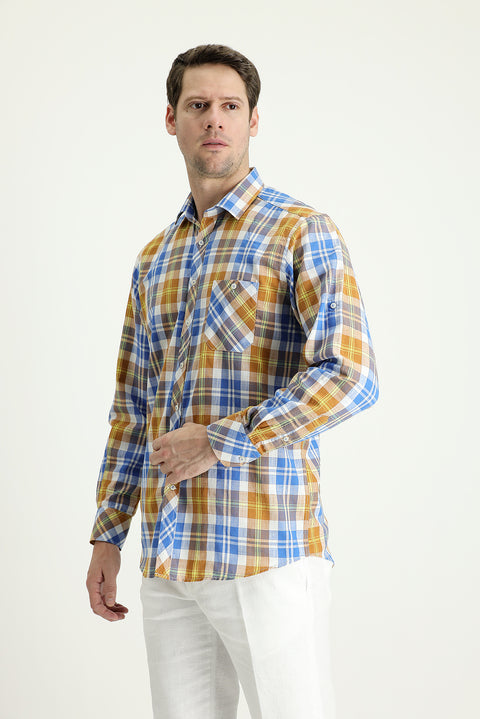 Medium Orange Long Sleeve Regular Fit Plaid Cotton Linen Shirt