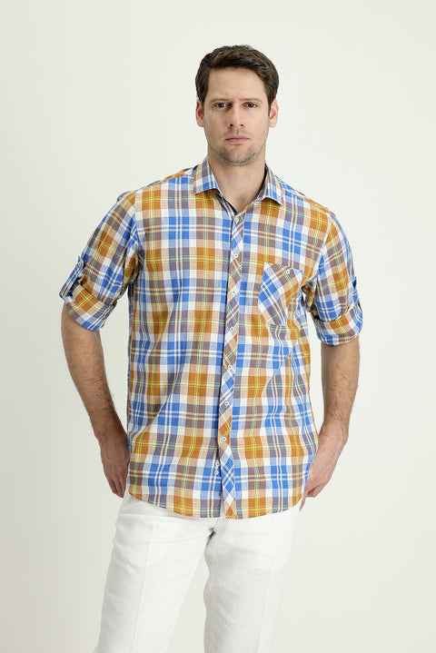 Medium Orange Long Sleeve Regular Fit Plaid Cotton Linen Shirt