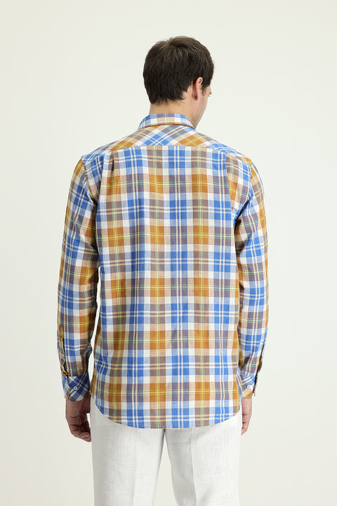 Medium Orange Long Sleeve Regular Fit Plaid Cotton Linen Shirt