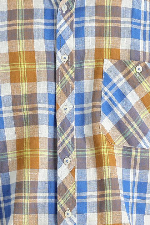 Medium Orange Long Sleeve Regular Fit Plaid Cotton Linen Shirt