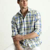 Dark Blue Long Sleeve Regular Fit Plaid Cotton Linen Shirt