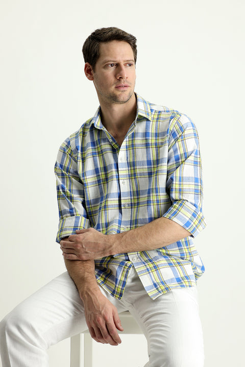 Dark Blue Long Sleeve Regular Fit Plaid Cotton Linen Shirt