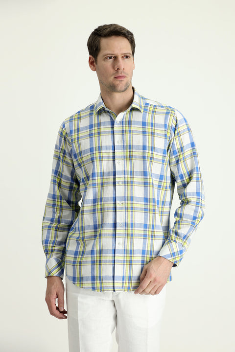 Dark Blue Long Sleeve Regular Fit Plaid Cotton Linen Shirt