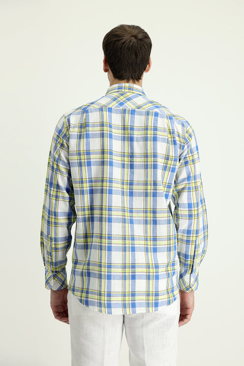 Dark Blue Long Sleeve Regular Fit Plaid Cotton Linen Shirt