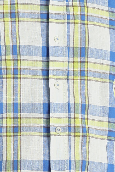 Dark Blue Long Sleeve Regular Fit Plaid Cotton Linen Shirt
