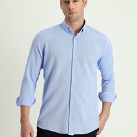 Light Blue Long Sleeve Slim Fit Narrow Cut Linen-Look Cotton Sporty Button-Down Collar Shirt