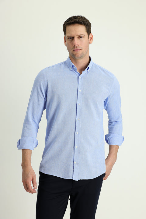 Light Blue Long Sleeve Slim Fit Narrow Cut Linen-Look Cotton Sporty Button-Down Collar Shirt