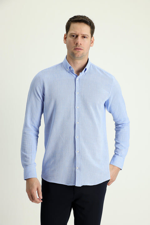 Light Blue Long Sleeve Slim Fit Narrow Cut Linen-Look Cotton Sporty Button-Down Collar Shirt