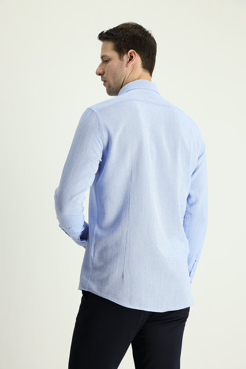 Light Blue Long Sleeve Slim Fit Narrow Cut Linen-Look Cotton Sporty Button-Down Collar Shirt