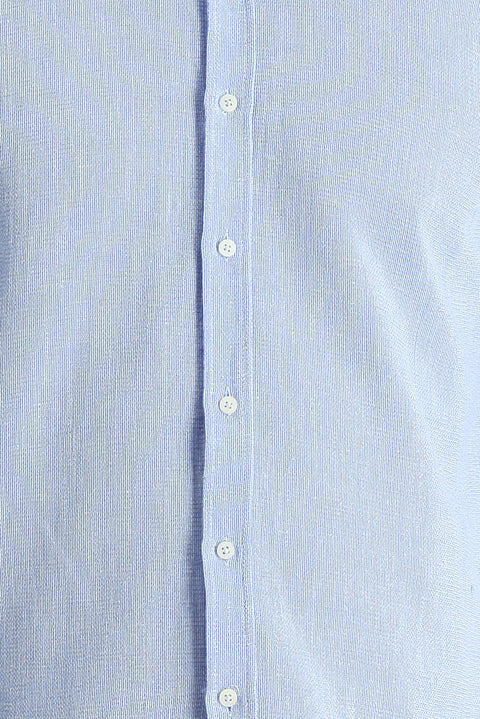 Light Blue Long Sleeve Slim Fit Narrow Cut Linen-Look Cotton Sporty Button-Down Collar Shirt