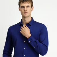 Orta Lacivert Uzun Kol Slim Fit Dar Kesim Örme Pamuk Gömlek