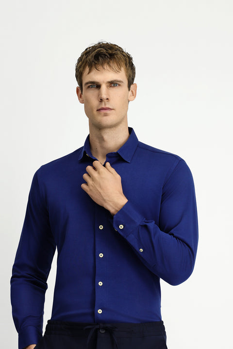 Orta Lacivert Uzun Kol Slim Fit Dar Kesim Örme Pamuk Gömlek