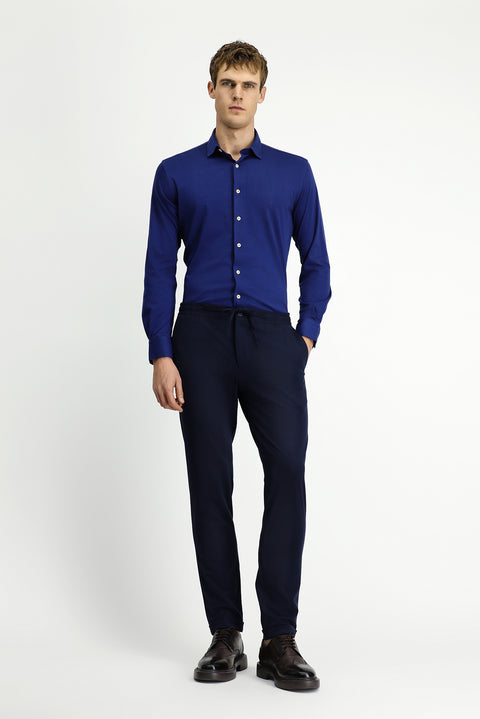 Orta Lacivert Uzun Kol Slim Fit Dar Kesim Örme Pamuk Gömlek