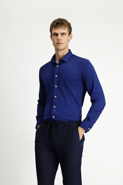 Orta Lacivert Uzun Kol Slim Fit Dar Kesim Örme Pamuk Gömlek