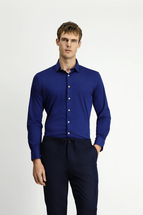 Orta Lacivert Uzun Kol Slim Fit Dar Kesim Örme Pamuk Gömlek