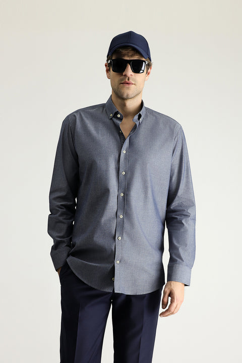 Medium Navy Long Sleeve Slim Fit Narrow Cut Sport Cotton Shirt