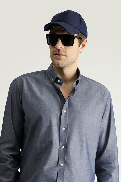 Medium Navy Long Sleeve Slim Fit Narrow Cut Sport Cotton Shirt