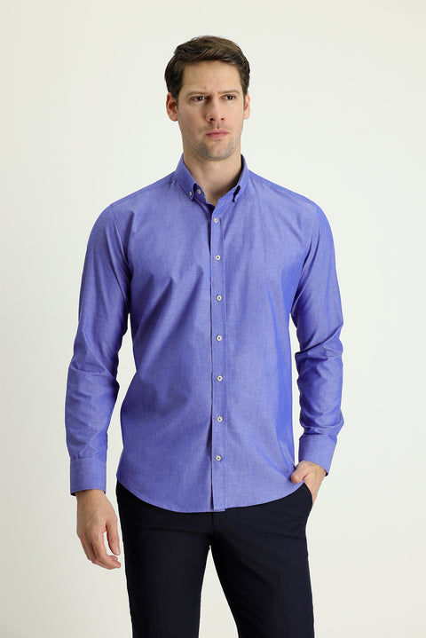 Indigo Long Sleeve Slim Fit Narrow Cut Sport Cotton Shirt