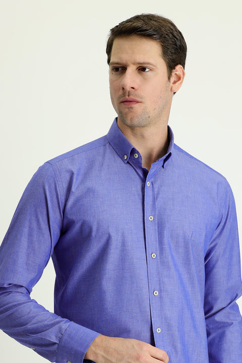 Indigo Long Sleeve Slim Fit Narrow Cut Sport Cotton Shirt