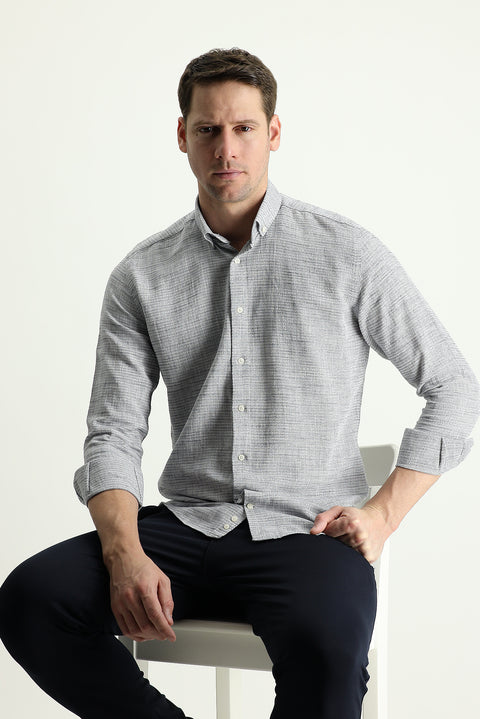 Medium Grey Long Sleeve Slim Fit Narrow Cut Linen-Look Cotton Sport Button-Down Collar Shirt
