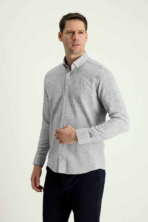 Medium Grey Long Sleeve Slim Fit Narrow Cut Linen-Look Cotton Sport Button-Down Collar Shirt