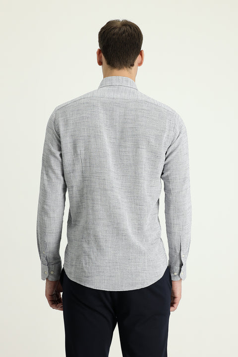 Medium Grey Long Sleeve Slim Fit Narrow Cut Linen-Look Cotton Sport Button-Down Collar Shirt