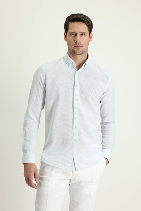 Light Blue Long Sleeve Slim Fit Narrow Cut Linen-Look Cotton Sport Button-Down Collar Shirt