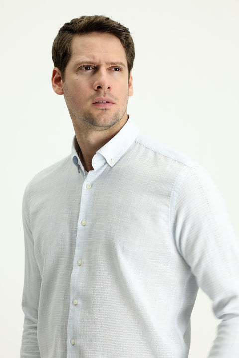 Light Blue Long Sleeve Slim Fit Narrow Cut Linen-Look Cotton Sport Button-Down Collar Shirt